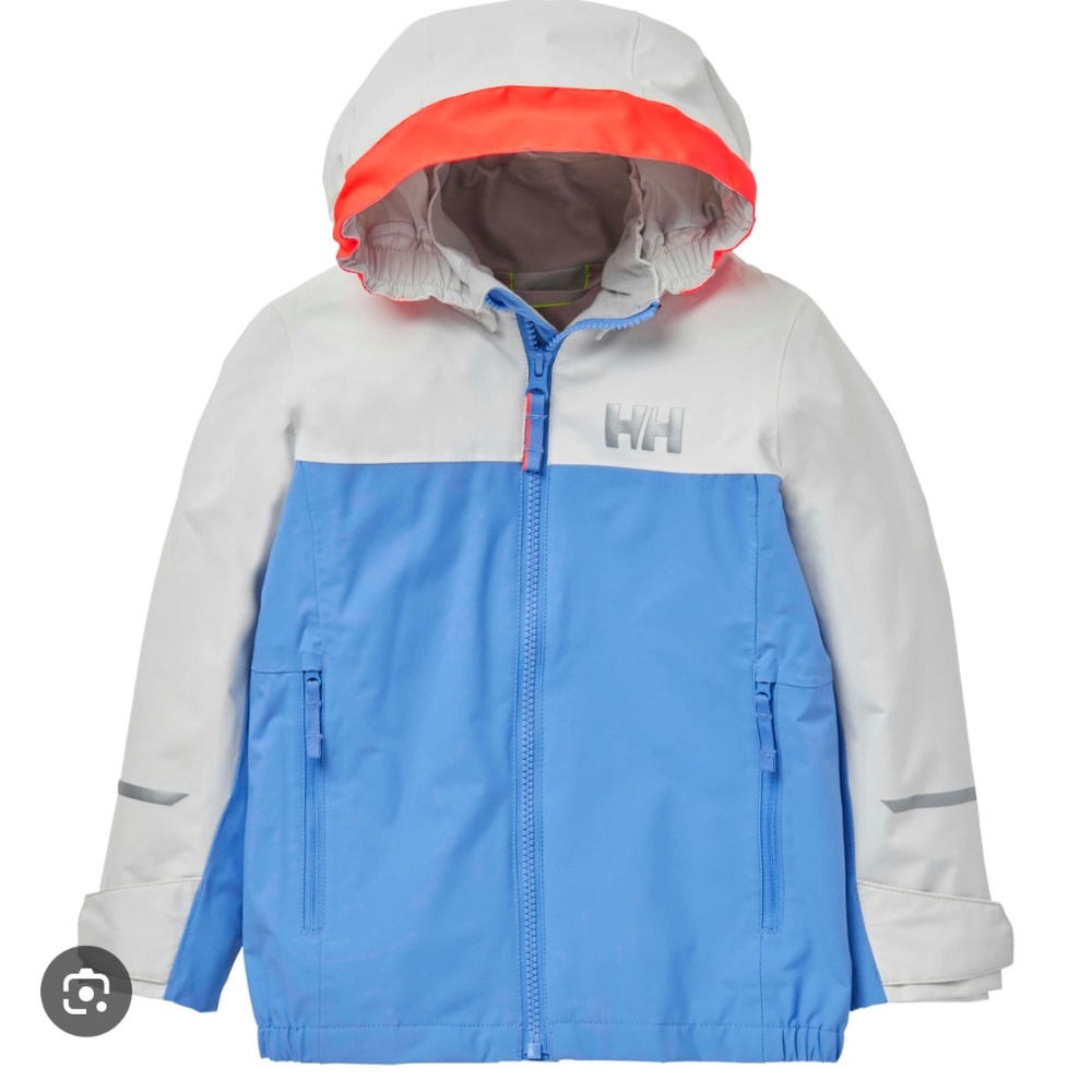 Helly Hansen jacket in light blue and gray. Includes a hood and front zipper. Fe